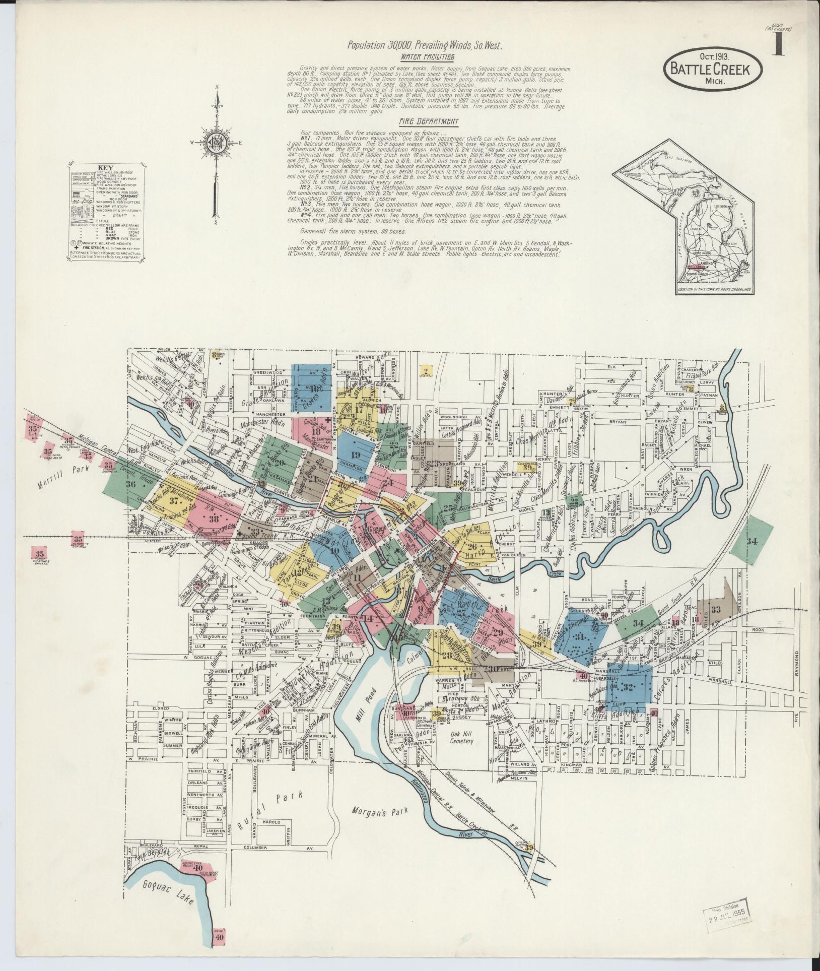 Sanborn Fire Insurance Map from Battle Creek, Calhoun County, Michigan (1913), Sheet #0001 - Complete Map Set gallery image, historic Sanborn map, vintage wall art, Michigan Michigan