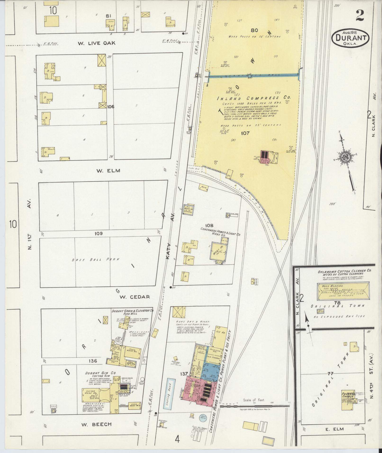 Sanborn Fire Insurance Map from Durant, Bryan County, Oklahoma (1918), Sheet #0002 - Historic Sanborn Fire Insurance Map Print, vintage old map wall art, antique decor, genealogy gift, Oklahoma Oklahoma map