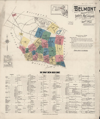 Sanborn Fire Insurance Map from Belmont, Middlesex County, Massachusetts (1922), Sheet #0001 - Complete Map Set gallery image, historic Sanborn map, vintage wall art, Massachusetts Massachusetts