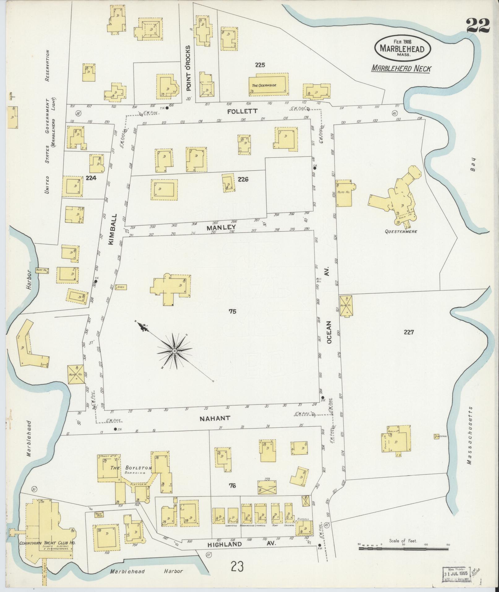 Sanborn Fire Insurance Map from Marblehead, Essex County, Massachusetts (1908), Sheet #0022 - Historic Sanborn Fire Insurance Map Print, vintage old map wall art, antique decor, genealogy gift, Massachusetts Massachusetts map