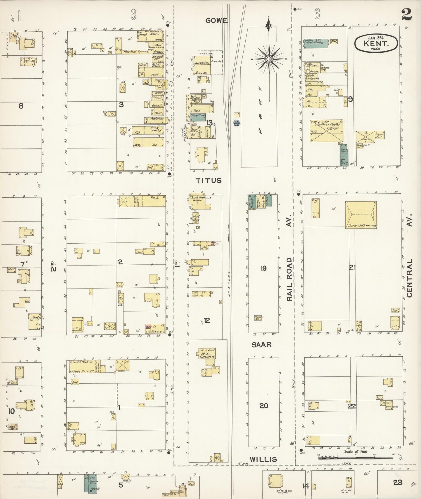 Sanborn Fire Insurance Map from Kent, King County, Washington (1894), Sheet #0002 - Complete Map Set gallery image, historic Sanborn map, vintage wall art, Washington Washington