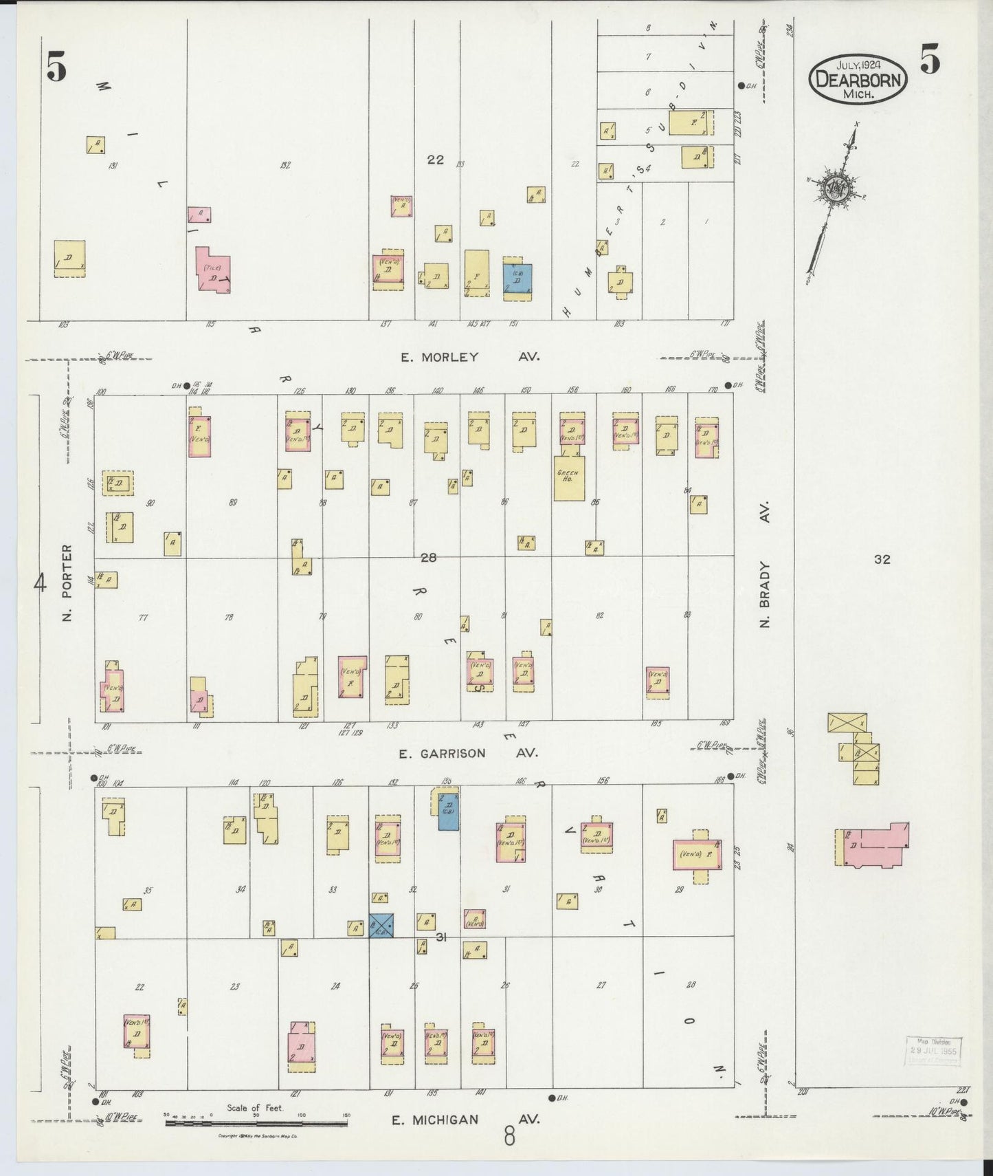 Sanborn Fire Insurance Map from Dearborn, Wayne County, Michigan (1924), Sheet #0005 - Historic Sanborn Fire Insurance Map Print, vintage old map wall art, antique decor, genealogy gift, Michigan Michigan map