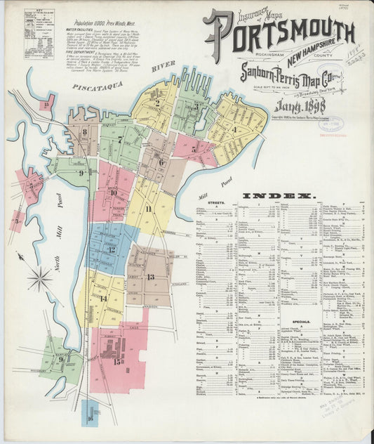 Sanborn Fire Insurance Map from Portsmouth, Rockingham County, New Hampshire (1898), Sheet #0001 - Historic Sanborn Fire Insurance Map Print, vintage old map wall art, antique decor, genealogy gift, New Hampshire New Hampshire map