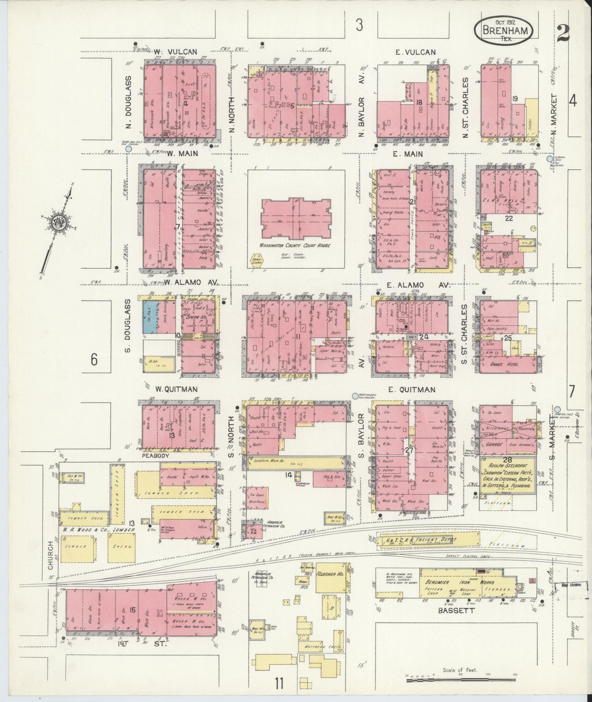 Sanborn Fire Insurance Map from Brenham, Washington County, Texas (1912), Sheet #0002 - Historic Sanborn Fire Insurance Map Print, vintage old map wall art, antique decor, genealogy gift, Texas Texas map