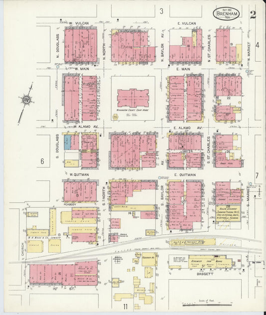 Sanborn Fire Insurance Map from Brenham, Washington County, Texas (1912), Sheet #0002 - Historic Sanborn Fire Insurance Map Print, vintage old map wall art, antique decor, genealogy gift, Texas Texas map