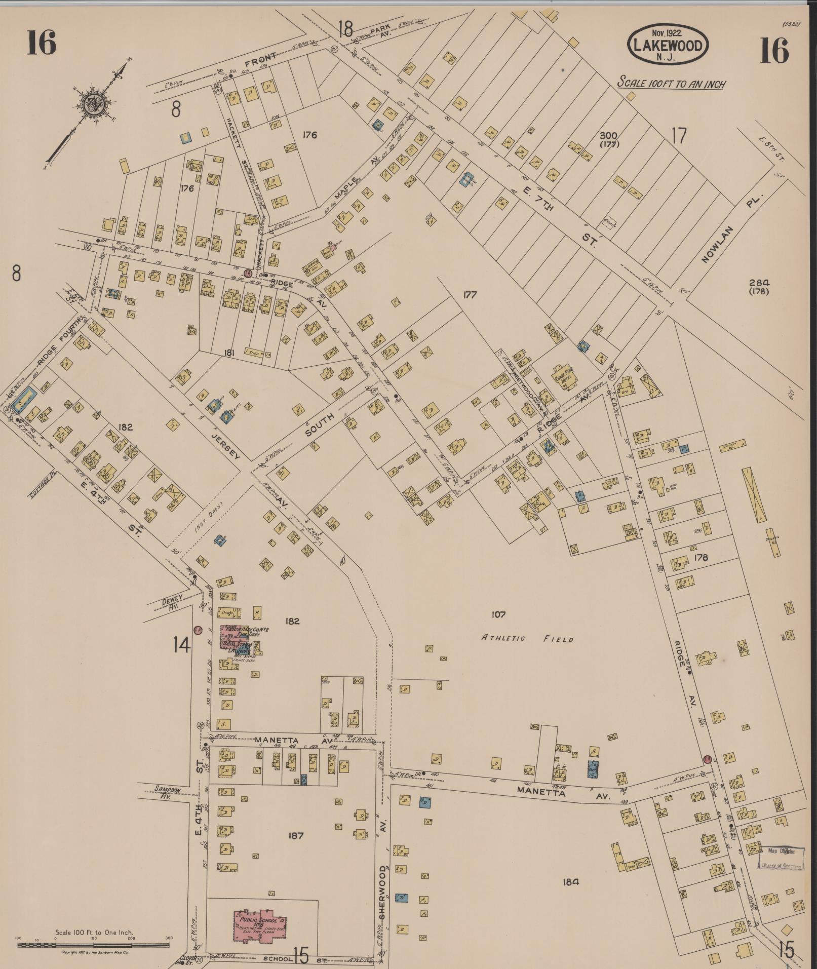 Sanborn Fire Insurance Map from Lakewood, Ocean County, New Jersey (1922), Sheet #0016 - Historic Sanborn Fire Insurance Map Print, vintage old map wall art, antique decor, genealogy gift, New Jersey New Jersey map