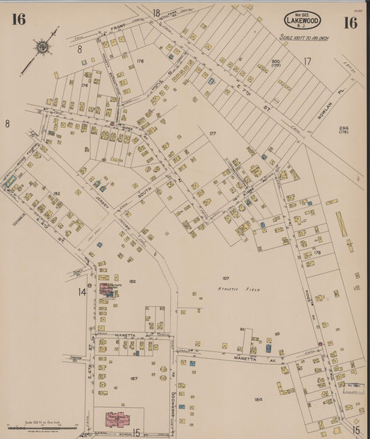 Sanborn Fire Insurance Map from Lakewood, Ocean County, New Jersey (1922), Sheet #0016 - Historic Sanborn Fire Insurance Map Print, vintage old map wall art, antique decor, genealogy gift, New Jersey New Jersey map