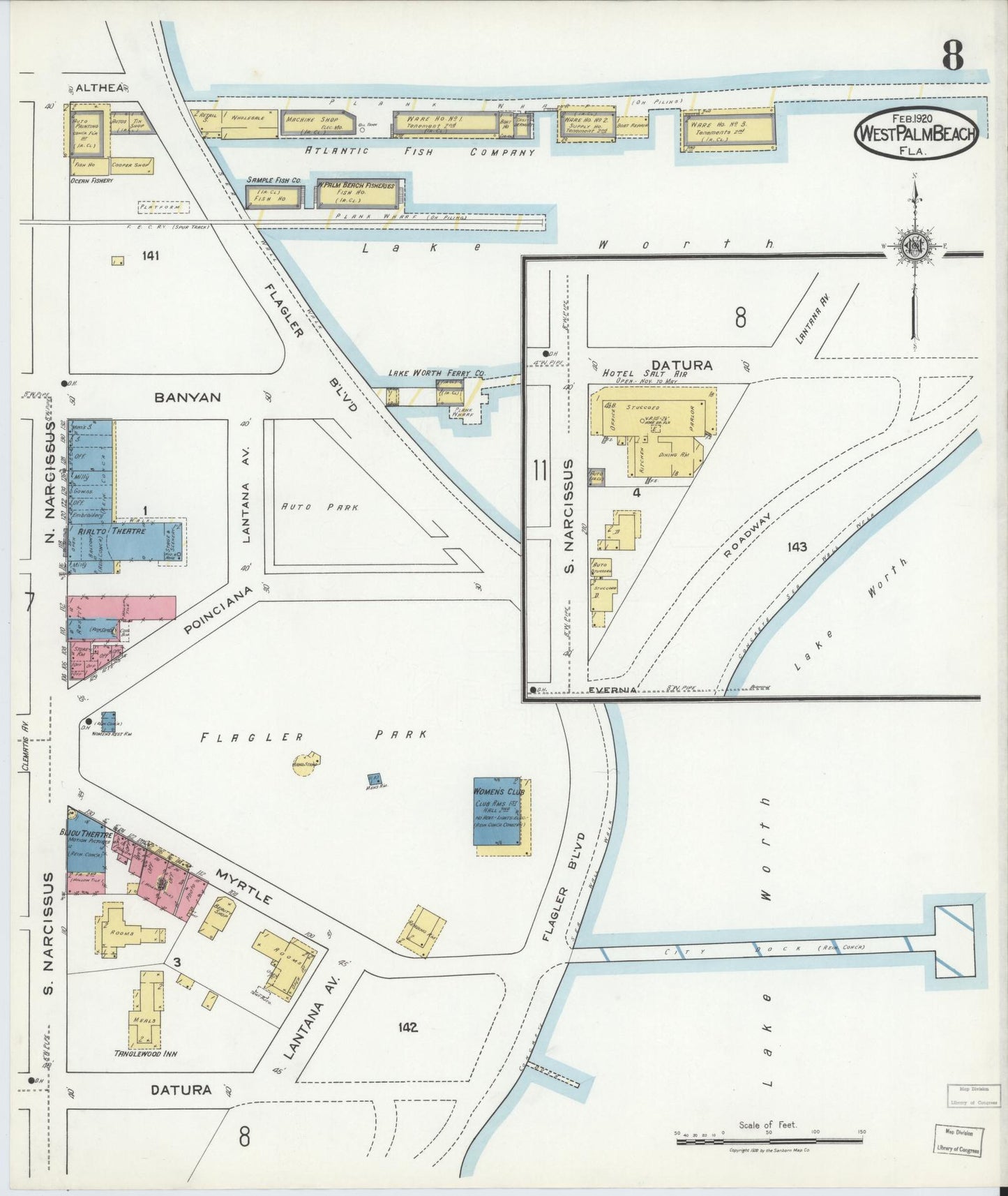 Sanborn Fire Insurance Map from West Palm Beach, Dade County, Florida (1920), Sheet #0008 - Complete Map Set gallery image, historic Sanborn map, vintage wall art, Florida Florida