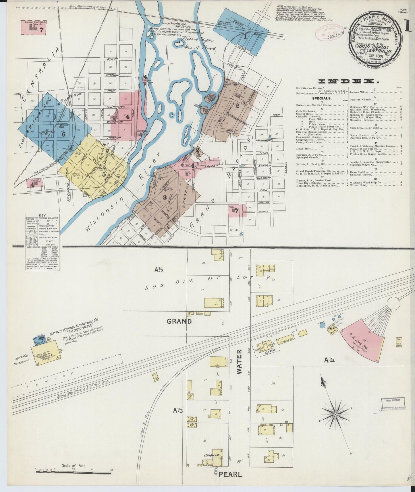 Sanborn Fire Insurance Map from Grand Rapids, Wood County, Wisconsin (1891), Sheet #0001 - Complete Map Set gallery image, historic Sanborn map, vintage wall art, Wisconsin Wisconsin