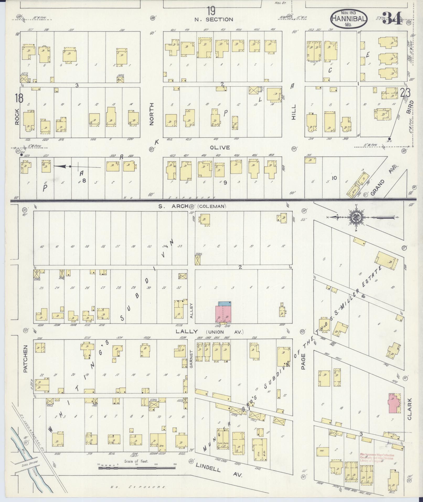 Sanborn Fire Insurance Map from Hannibal, Marion County, Missouri (1913), Sheet #0034 - Historic Sanborn Fire Insurance Map Print, vintage old map wall art, antique decor, genealogy gift, Missouri Missouri map