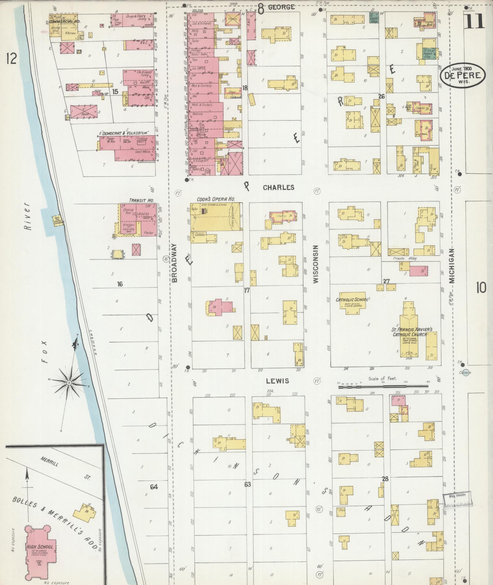 Sanborn Fire Insurance Map from De Pere, Brown County, Wisconsin (1900), Sheet #0011 - Historic Sanborn Fire Insurance Map Print, vintage old map wall art, antique decor, genealogy gift, Wisconsin Wisconsin map