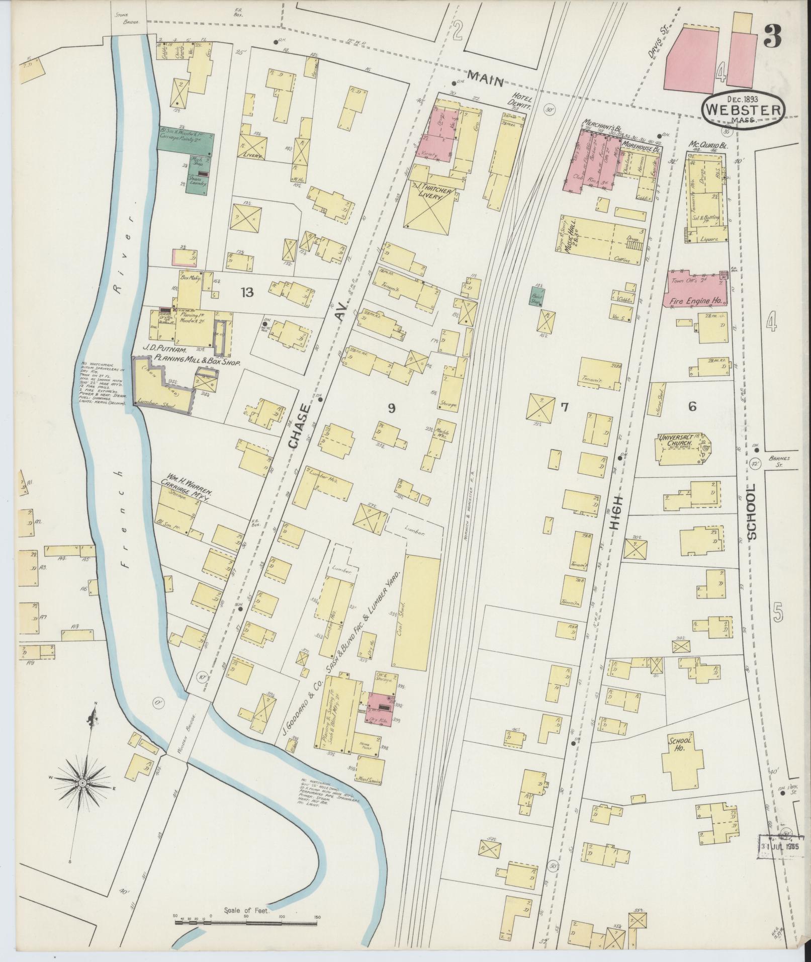 Sanborn Fire Insurance Map from Webster, Worcester County, Massachusetts (1893), Sheet #0003 - Historic Sanborn Fire Insurance Map Print, vintage old map wall art, antique decor, genealogy gift, Massachusetts Massachusetts map