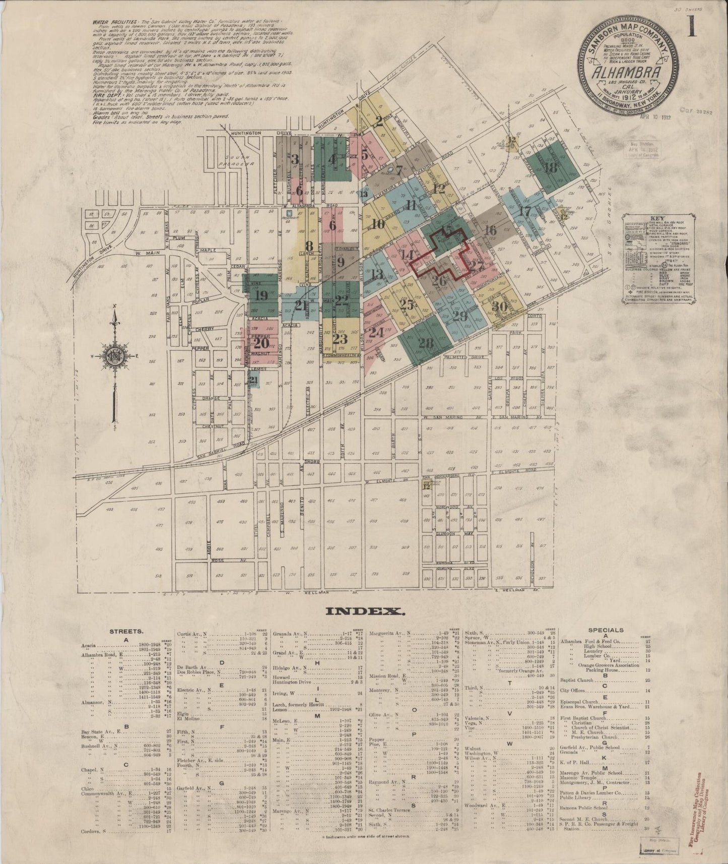 Sanborn Fire Insurance Map from Alhambra, Los Angeles County, California (1912), Sheet #0001 - Historic Sanborn Fire Insurance Map Print, vintage old map wall art, antique decor, genealogy gift, California California map