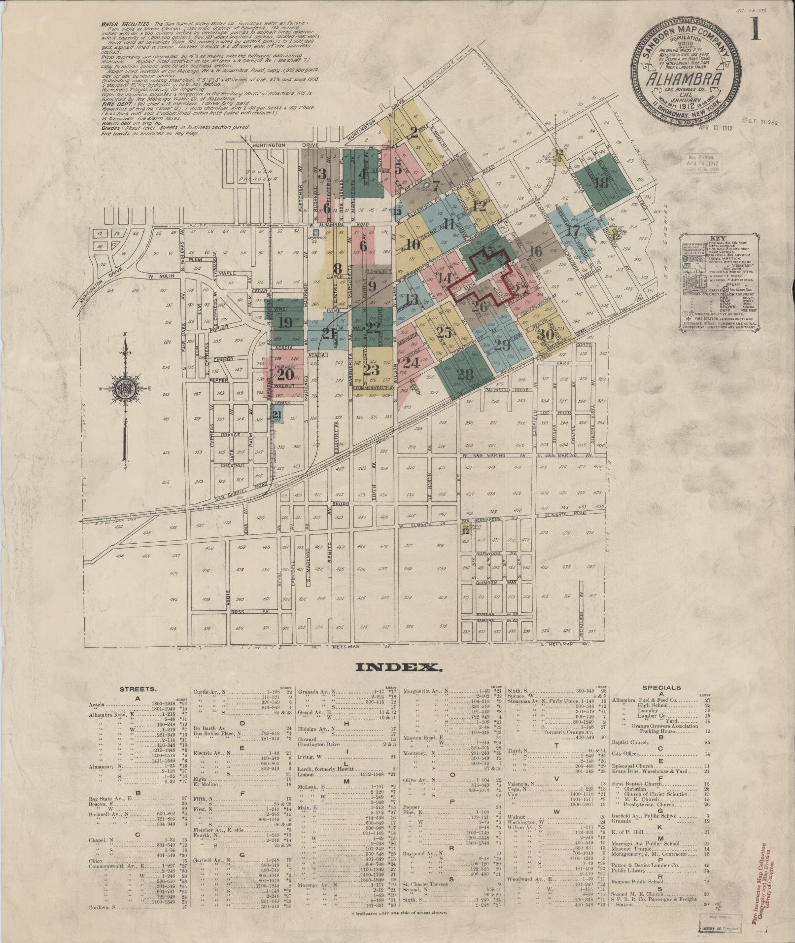 Sanborn Fire Insurance Map from Alhambra, Los Angeles County, California (1912), Sheet #0001 - Historic Sanborn Fire Insurance Map Print, vintage old map wall art, antique decor, genealogy gift, California California map