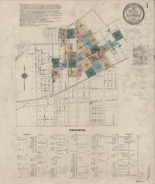 Sanborn Fire Insurance Map from Alhambra, Los Angeles County, California (1912), Sheet #0001 - Historic Sanborn Fire Insurance Map Print, vintage old map wall art, antique decor, genealogy gift, California California map