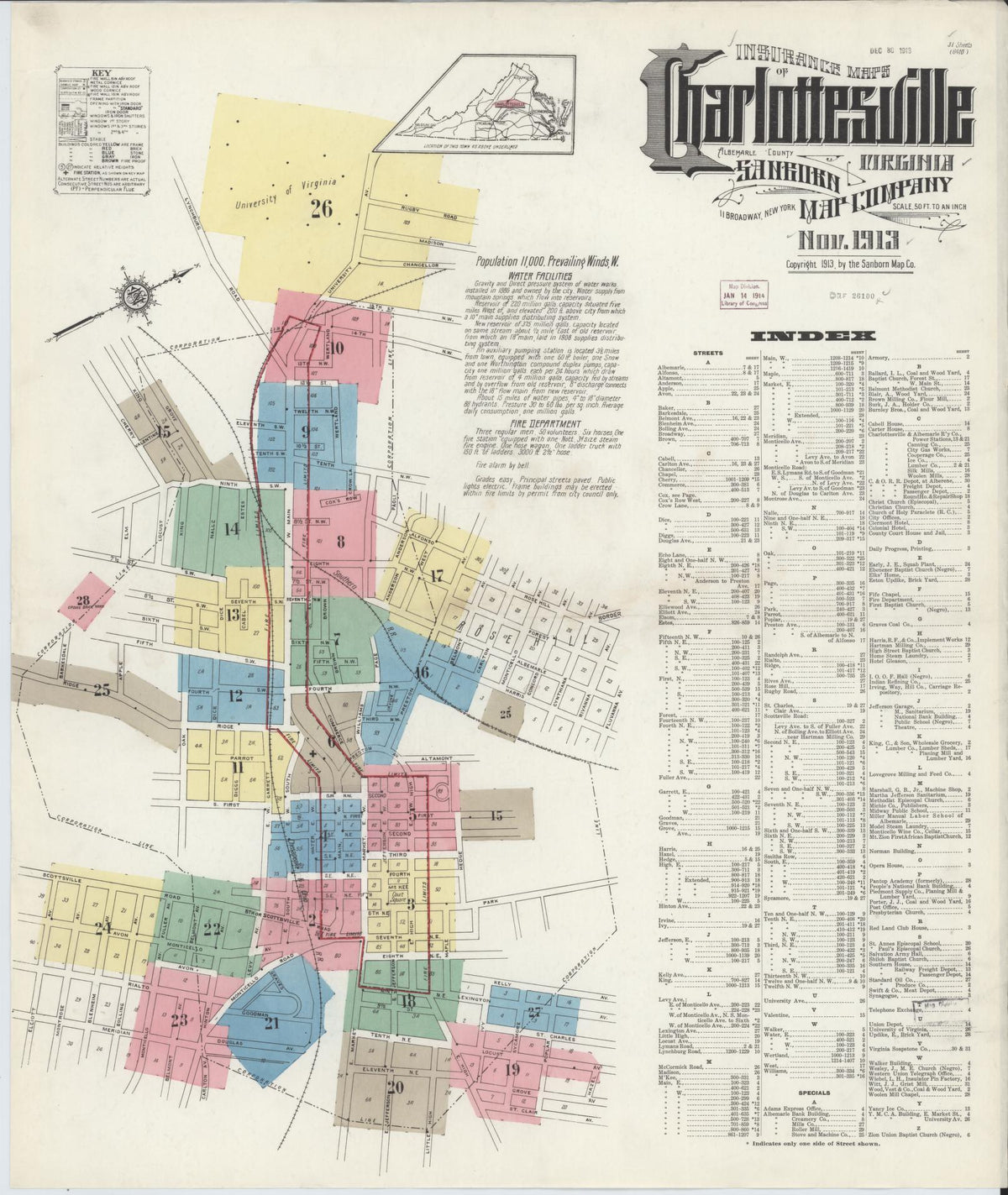 Sanborn Fire Insurance Map from Charlottesville, Independent Cities, Virginia (1913), Sheet #0001 - Historic Sanborn Fire Insurance Map Print, vintage old map wall art, antique decor, genealogy gift, Virginia Virginia map
