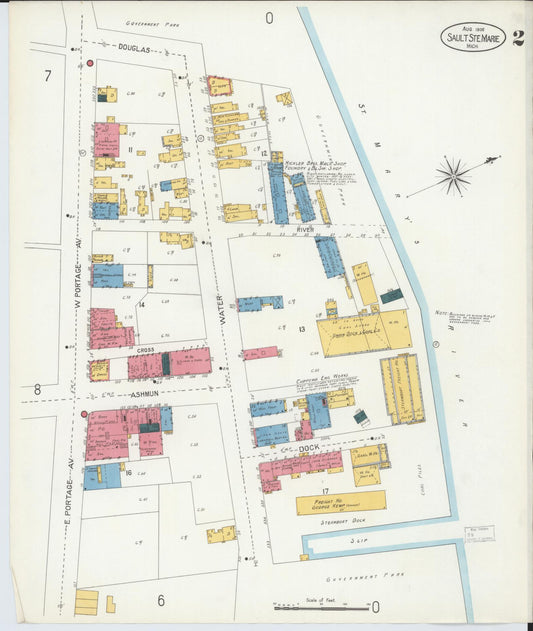 Sanborn Fire Insurance Map from Sault Sainte Marie, Chippewa County, Michigan (1906), Sheet #0002 - Historic Sanborn Fire Insurance Map Print, vintage old map wall art, antique decor, genealogy gift, Michigan Michigan map