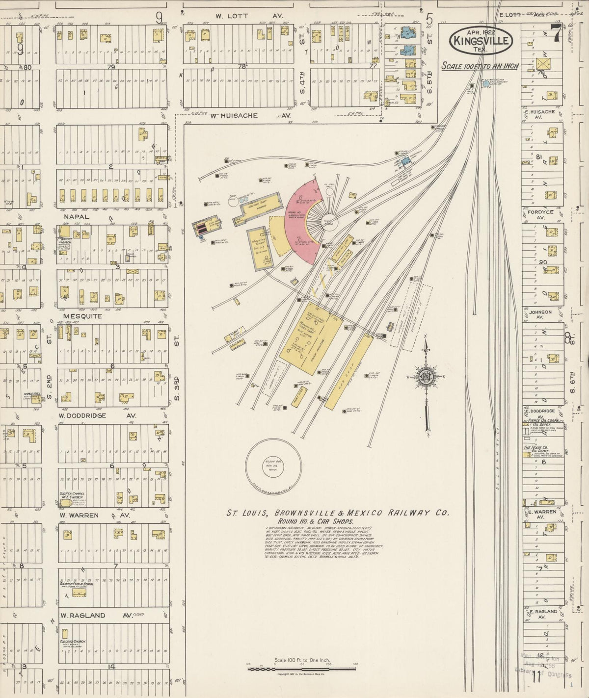 Sanborn Fire Insurance Map from Kingsville, Kleberg County, Texas (1922), Sheet #0007 - Historic Sanborn Fire Insurance Map Print, vintage old map wall art, antique decor, genealogy gift, Texas Texas map
