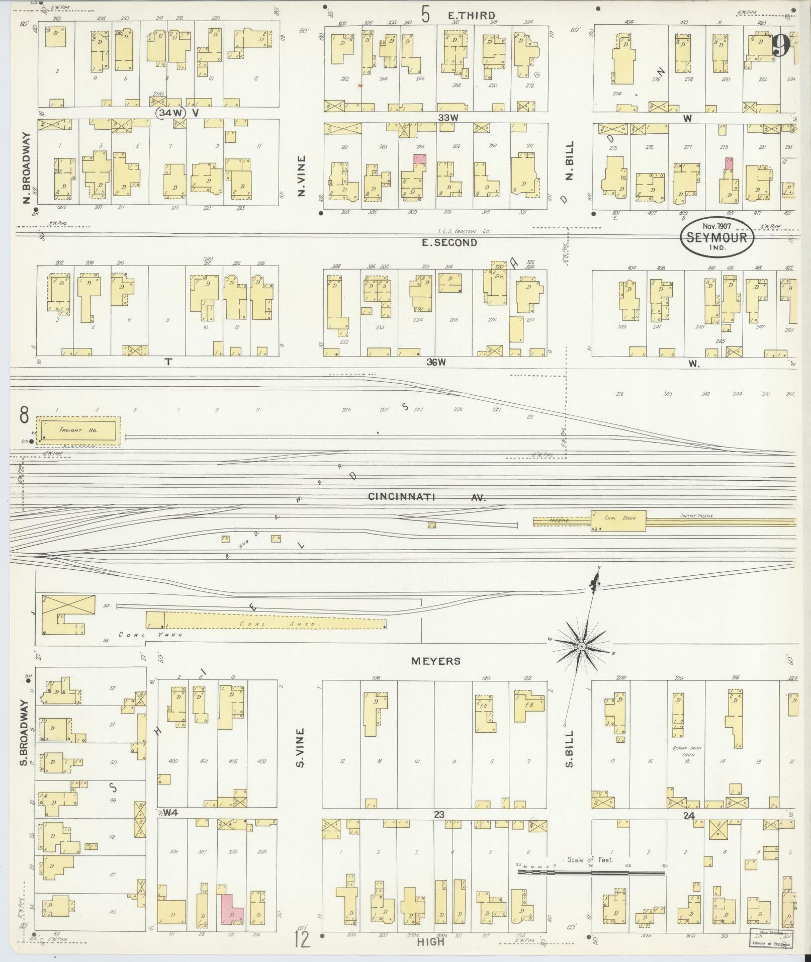 Sanborn Fire Insurance Map from Seymour, Jackson County, Indiana (1907), Sheet #0009 - Complete Map Set gallery image, historic Sanborn map, vintage wall art, Indiana Indiana