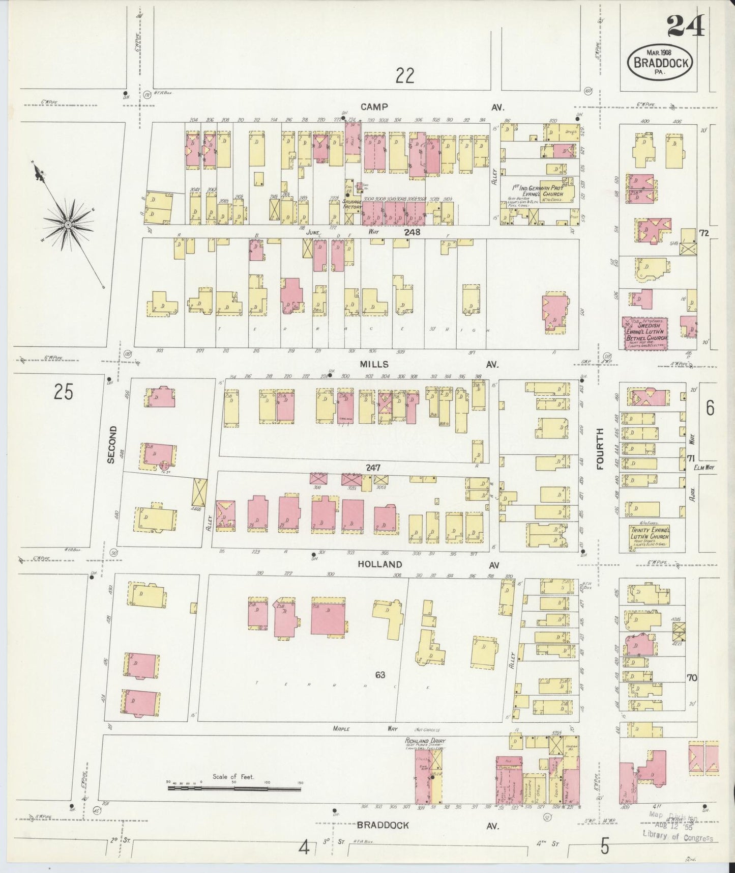 Sanborn Fire Insurance Map from Braddock, Allegheny County, Pennsylvania (1908), Sheet #0024 - Historic Sanborn Fire Insurance Map Print, vintage old map wall art, antique decor, genealogy gift, Pennsylvania Pennsylvania map