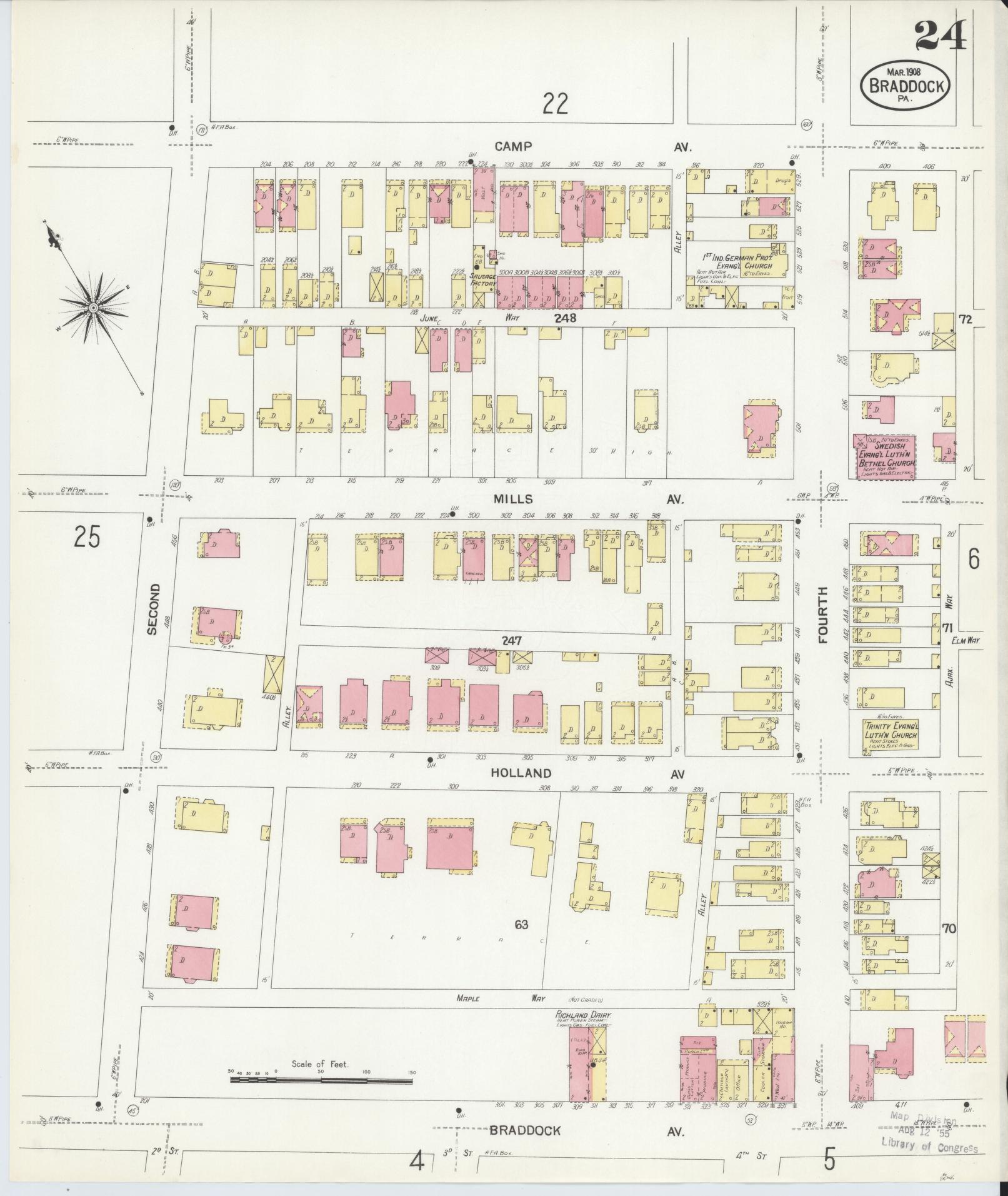 Sanborn Fire Insurance Map from Braddock, Allegheny County, Pennsylvania (1908), Sheet #0024 - Historic Sanborn Fire Insurance Map Print, vintage old map wall art, antique decor, genealogy gift, Pennsylvania Pennsylvania map