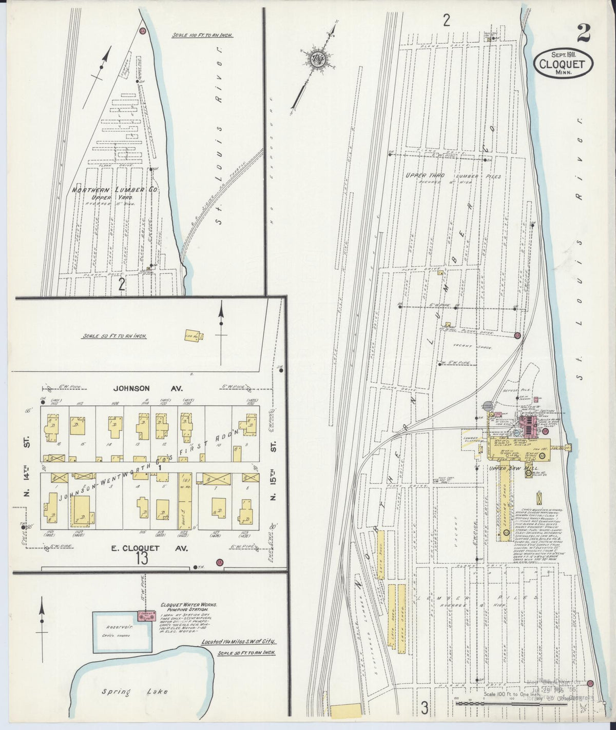 Sanborn Fire Insurance Map from Cloquet, Carlton County, Minnesota (1911), Sheet #0002 - Historic Sanborn Fire Insurance Map Print, vintage old map wall art, antique decor, genealogy gift, Minnesota Minnesota map