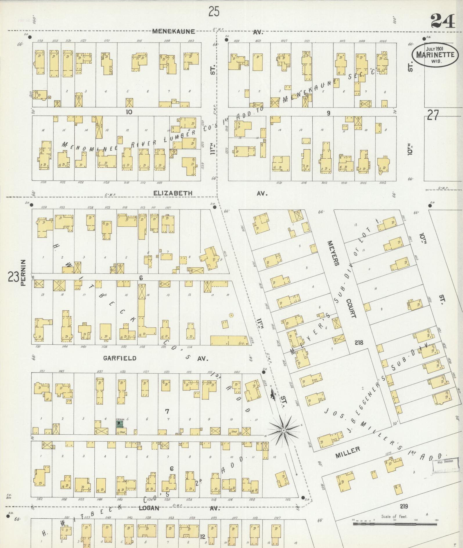 Sanborn Fire Insurance Map from Marinette, Marinette County, Wisconsin (1901), Sheet #0024 - Complete Map Set gallery image, historic Sanborn map, vintage wall art, Wisconsin Wisconsin