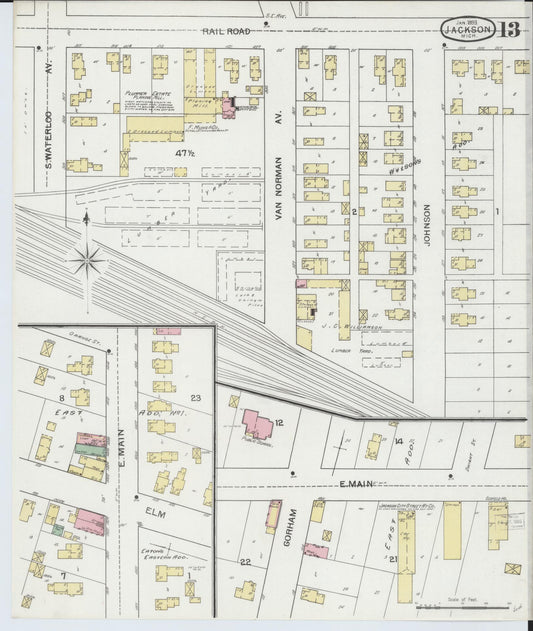 Sanborn Fire Insurance Map from Jackson, Jackson County, Michigan (1893), Sheet #0013 - Historic Sanborn Fire Insurance Map Print, vintage old map wall art, antique decor, genealogy gift, Michigan Michigan map