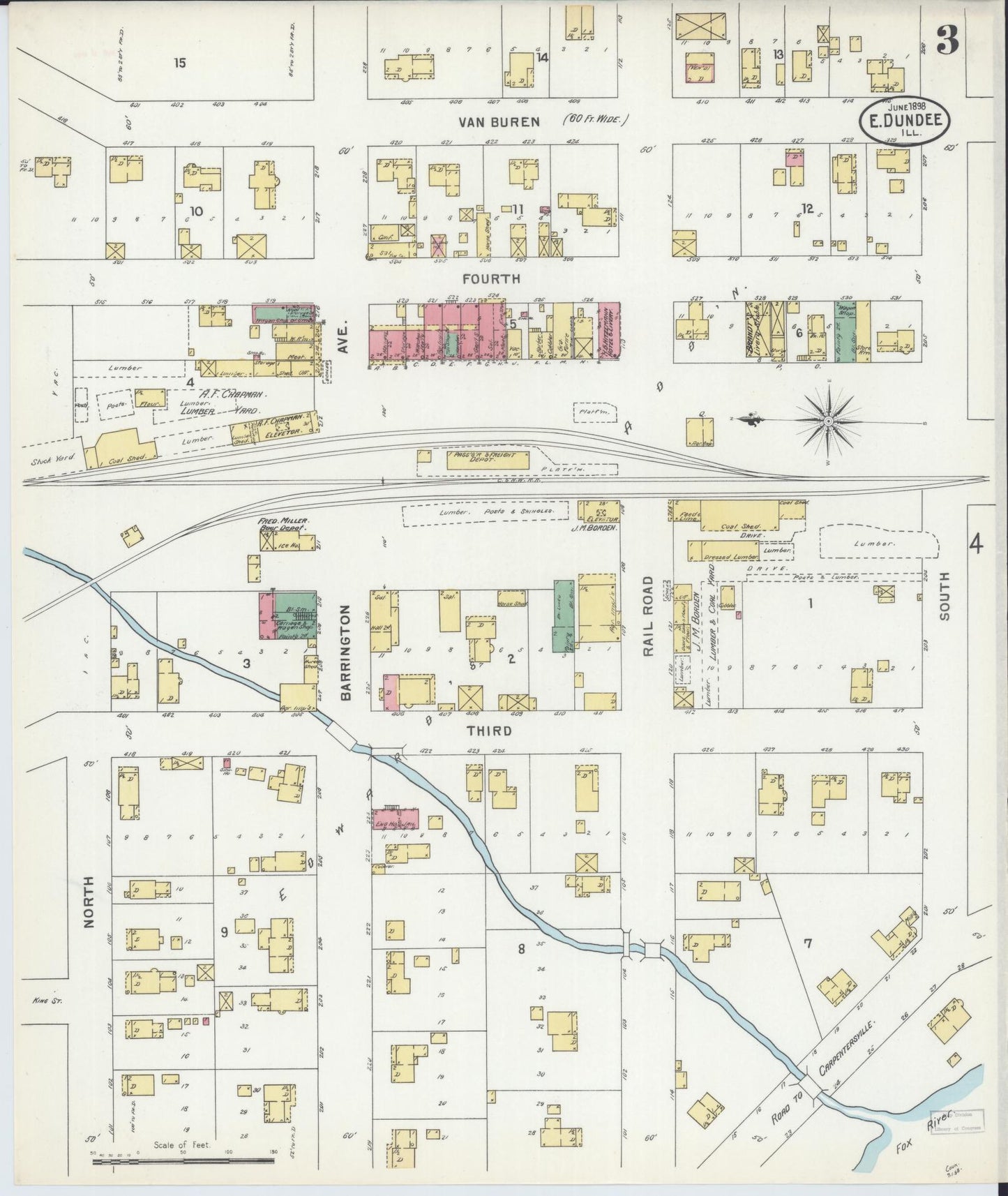 Sanborn Fire Insurance Map from Dundee, Kane County, Illinois (1898), Sheet #0003 - Complete Map Set gallery image, historic Sanborn map, vintage wall art, Illinois Illinois
