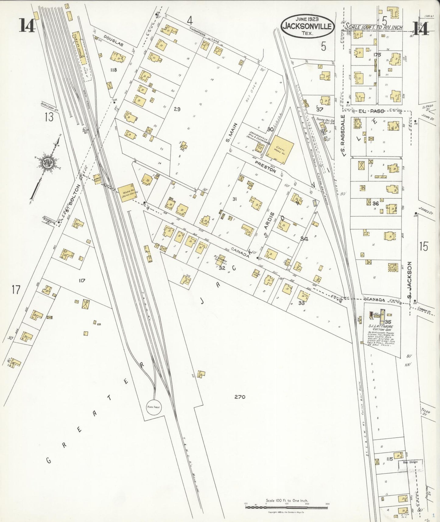 Sanborn Fire Insurance Map from Jacksonville, Cherokee County, Texas. (1923), Sheet 14 – Historic Sanborn Fire Insurance Map Print