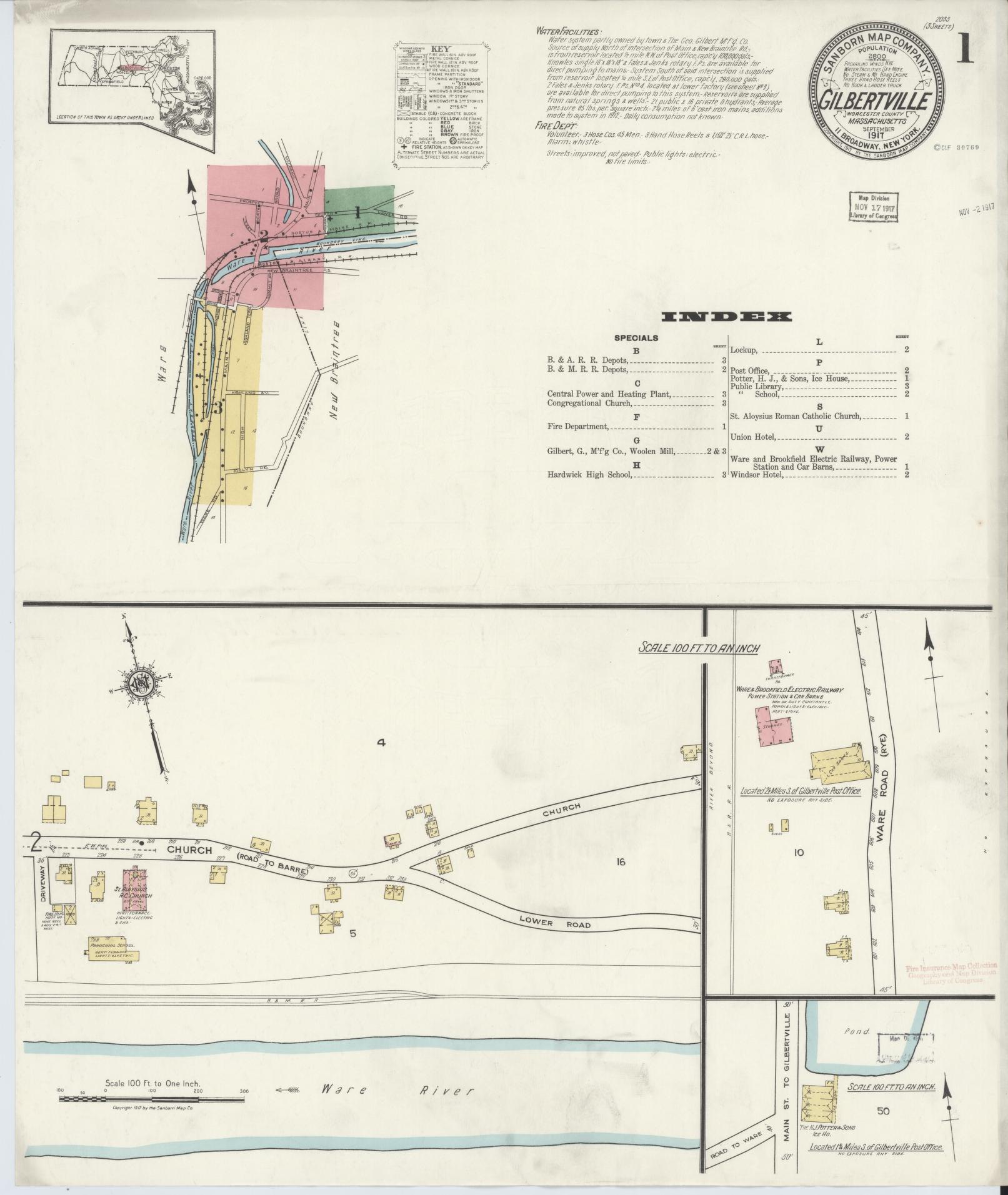 Sanborn Fire Insurance Map from Gilbertville, Worcester County, Massachusetts. (1917) – Historic Sanborn Fire Insurance Map Print