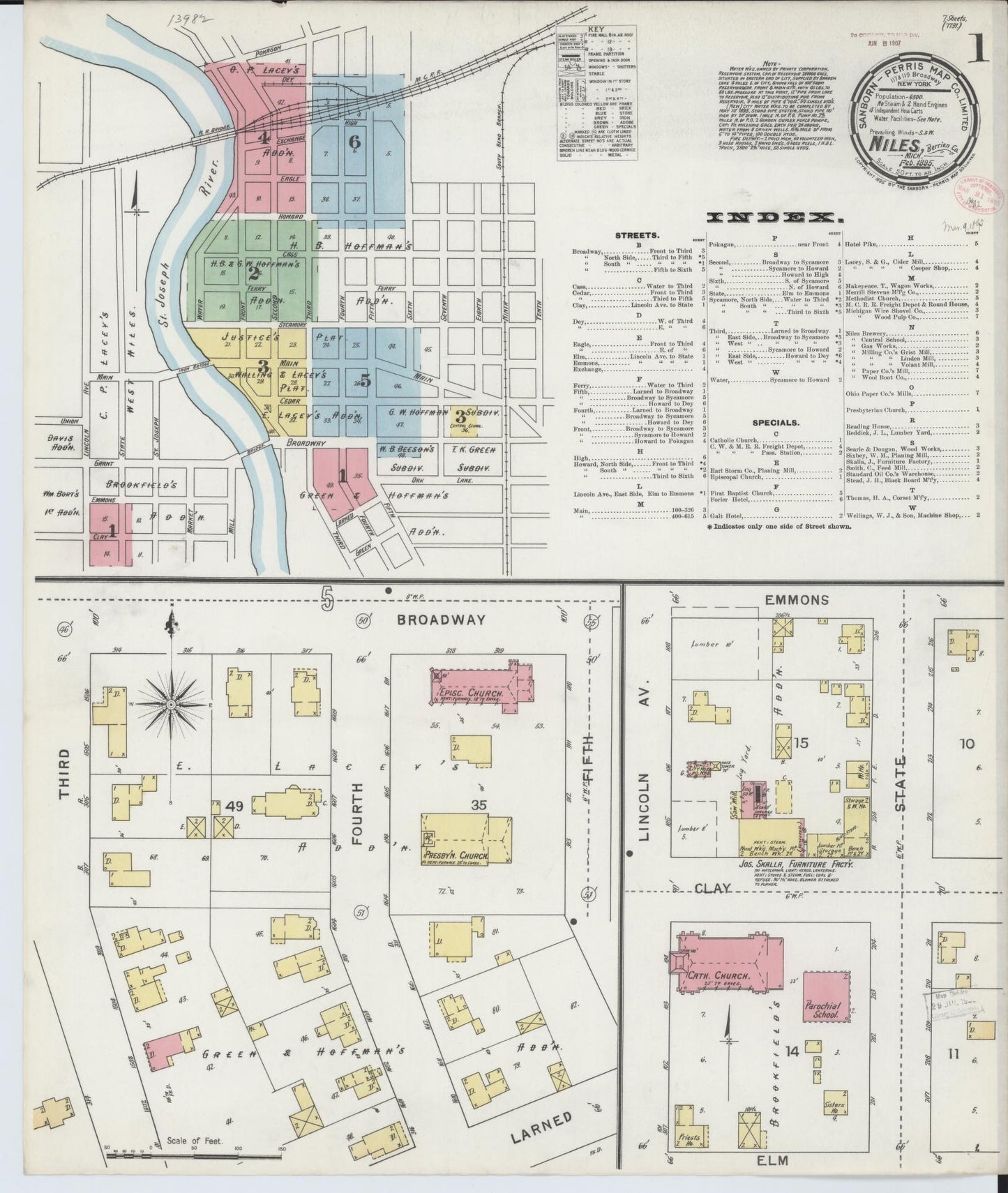 Sanborn Fire Insurance Map from Niles, Berrien County, Michigan (1895), Sheet #0001 - Historic Sanborn Fire Insurance Map Print, vintage old map wall art, antique decor, genealogy gift, Michigan Michigan map