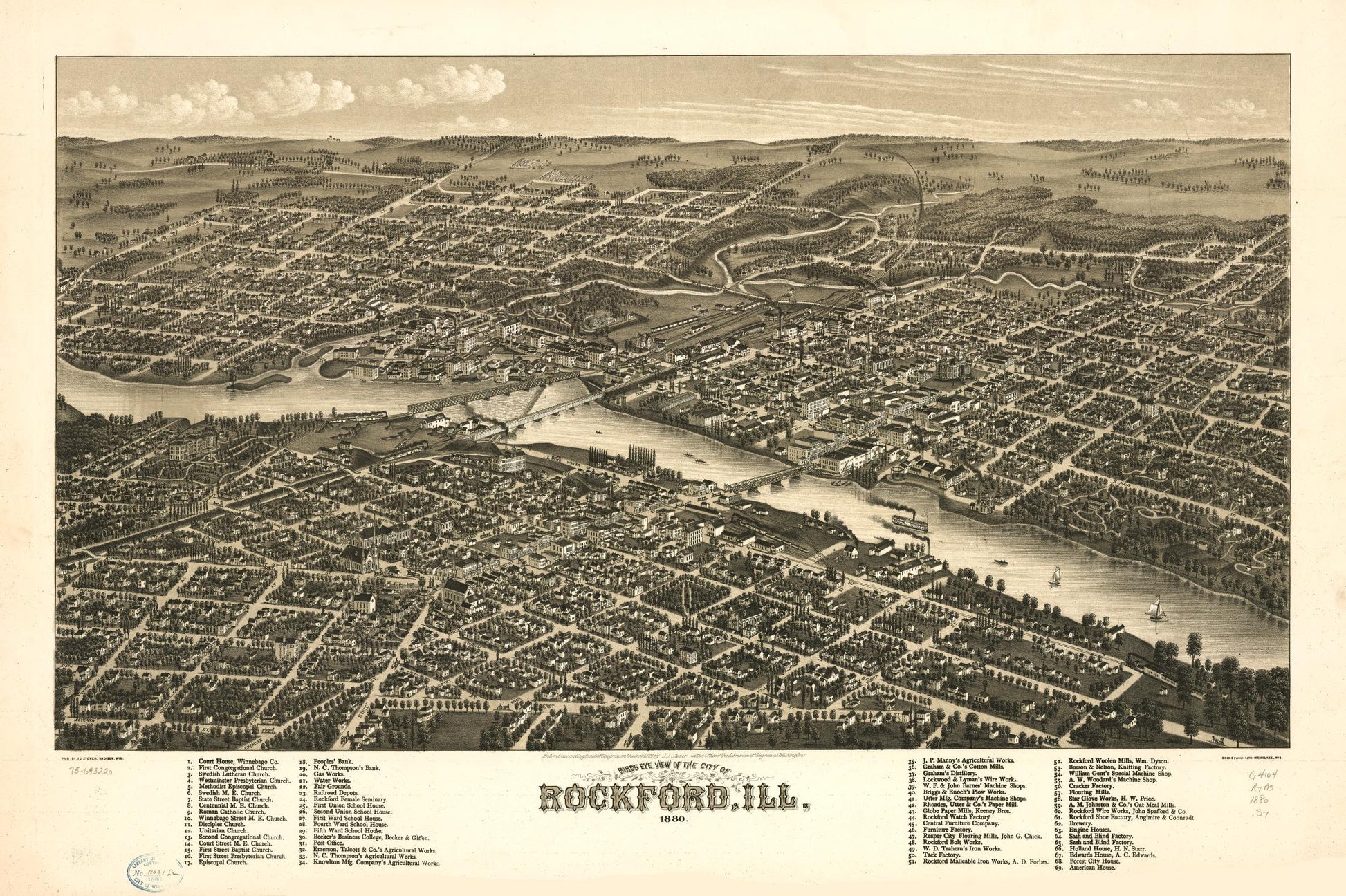 Bird's eye view of the city of Rockford, Ill. 1880. (1880) – Historic Bird’s-Eye View Panorama Print