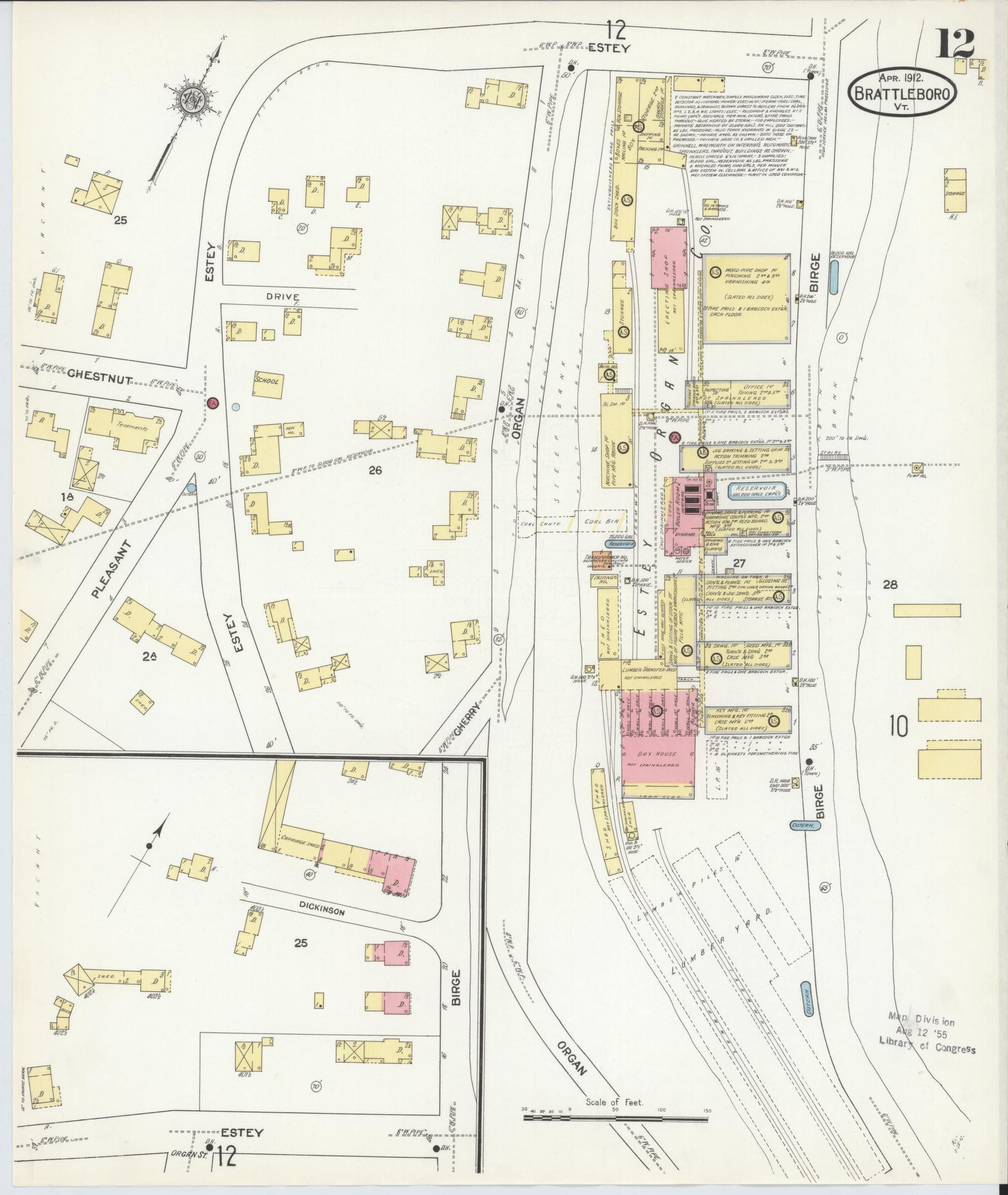 Sanborn Fire Insurance Map from Brattleboro, Windham County, Vermont (1912), Sheet #0012 - Complete Map Set gallery image, historic Sanborn map, vintage wall art, Vermont Vermont