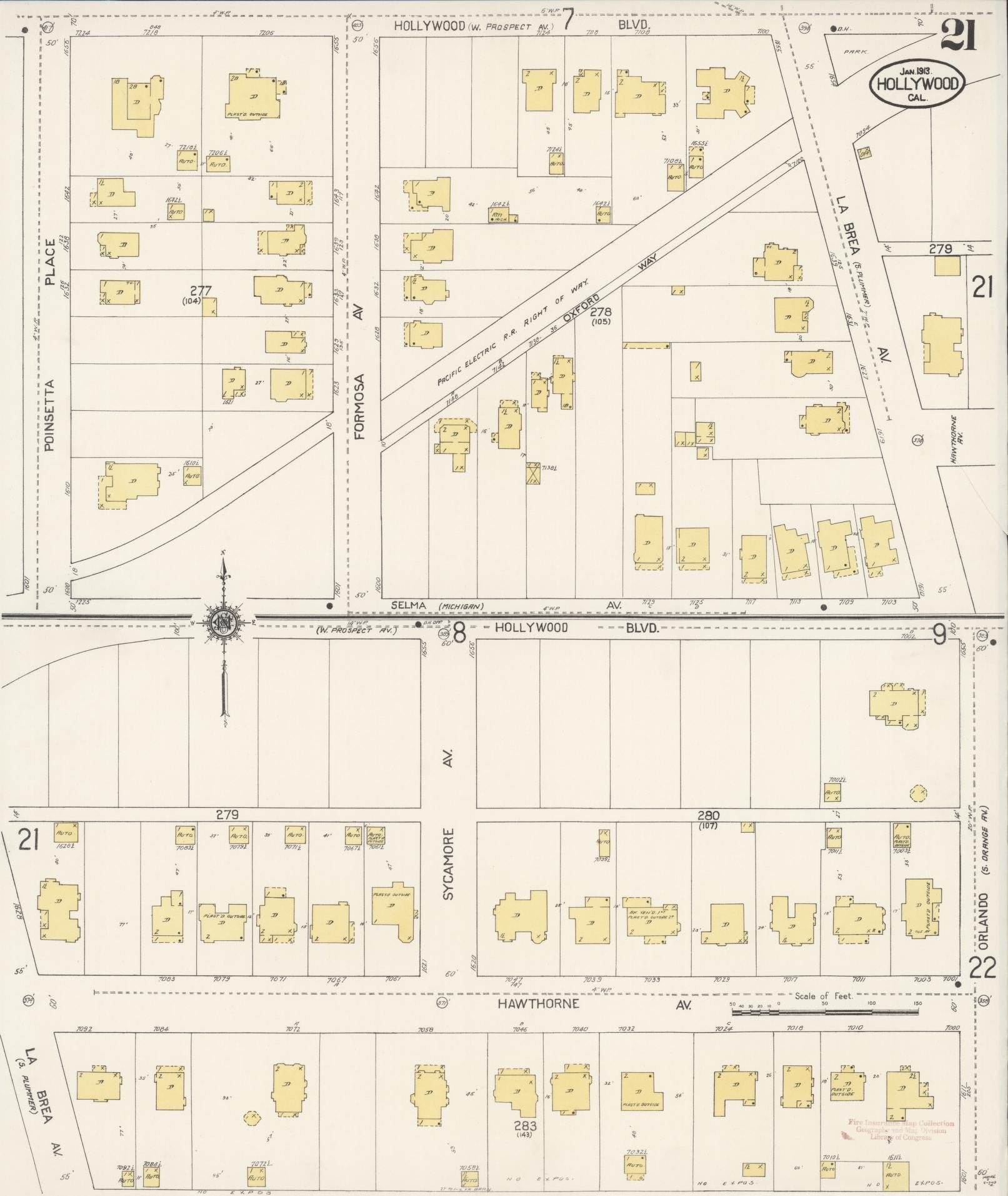 Sanborn Fire Insurance Map from Hollywood, Los Angeles County, California (1913), Sheet #0021 - Historic Sanborn Fire Insurance Map Print, vintage old map wall art, antique decor, genealogy gift, California California map