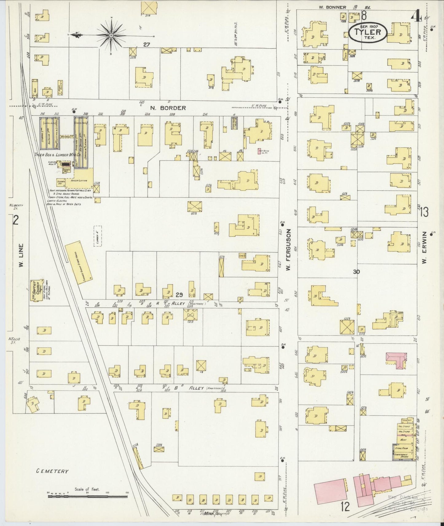 Sanborn Fire Insurance Map from Tyler, Smith County, Texas (1907), Sheet #0004 - Historic Sanborn Fire Insurance Map Print, vintage old map wall art, antique decor, genealogy gift, Texas Texas map
