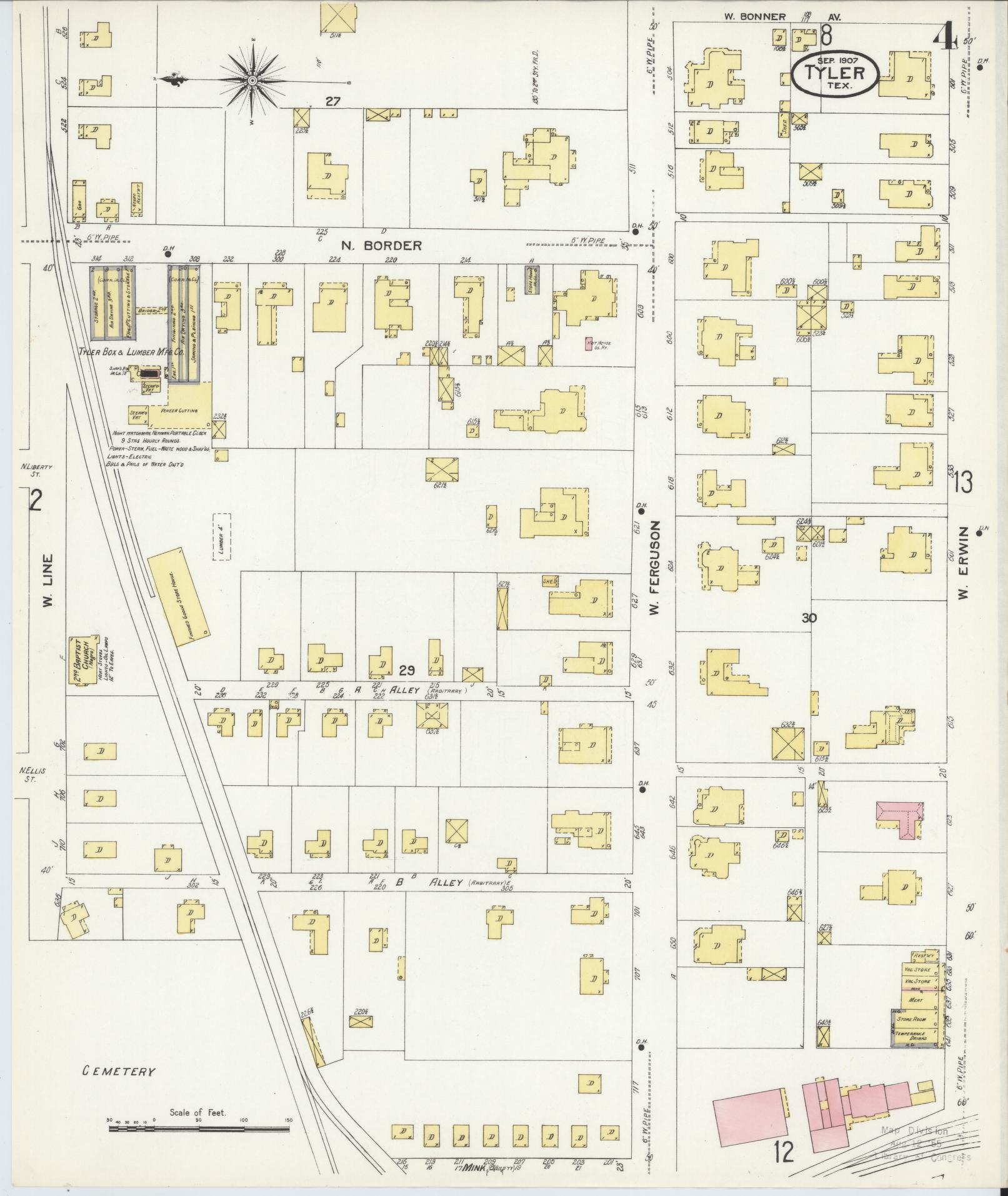 Sanborn Fire Insurance Map from Tyler, Smith County, Texas (1907), Sheet #0004 - Historic Sanborn Fire Insurance Map Print, vintage old map wall art, antique decor, genealogy gift, Texas Texas map