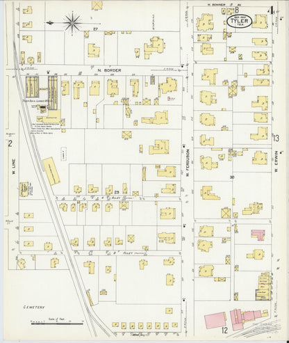 Sanborn Fire Insurance Map from Tyler, Smith County, Texas (1907), Sheet #0004 - Historic Sanborn Fire Insurance Map Print, vintage old map wall art, antique decor, genealogy gift, Texas Texas map