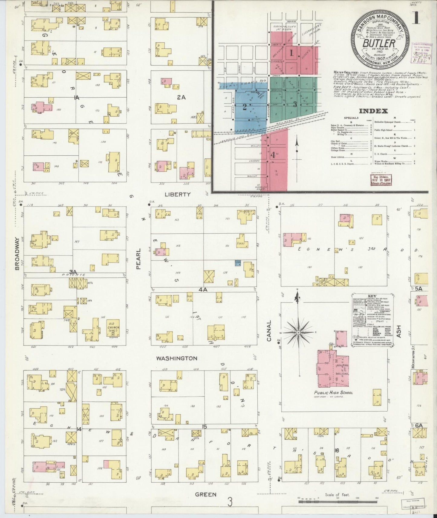 Sanborn Fire Insurance Map from Butler, De Kalb County, Indiana (1907), Sheet #0001 - Complete Map Set gallery image, historic Sanborn map, vintage wall art, Indiana Indiana