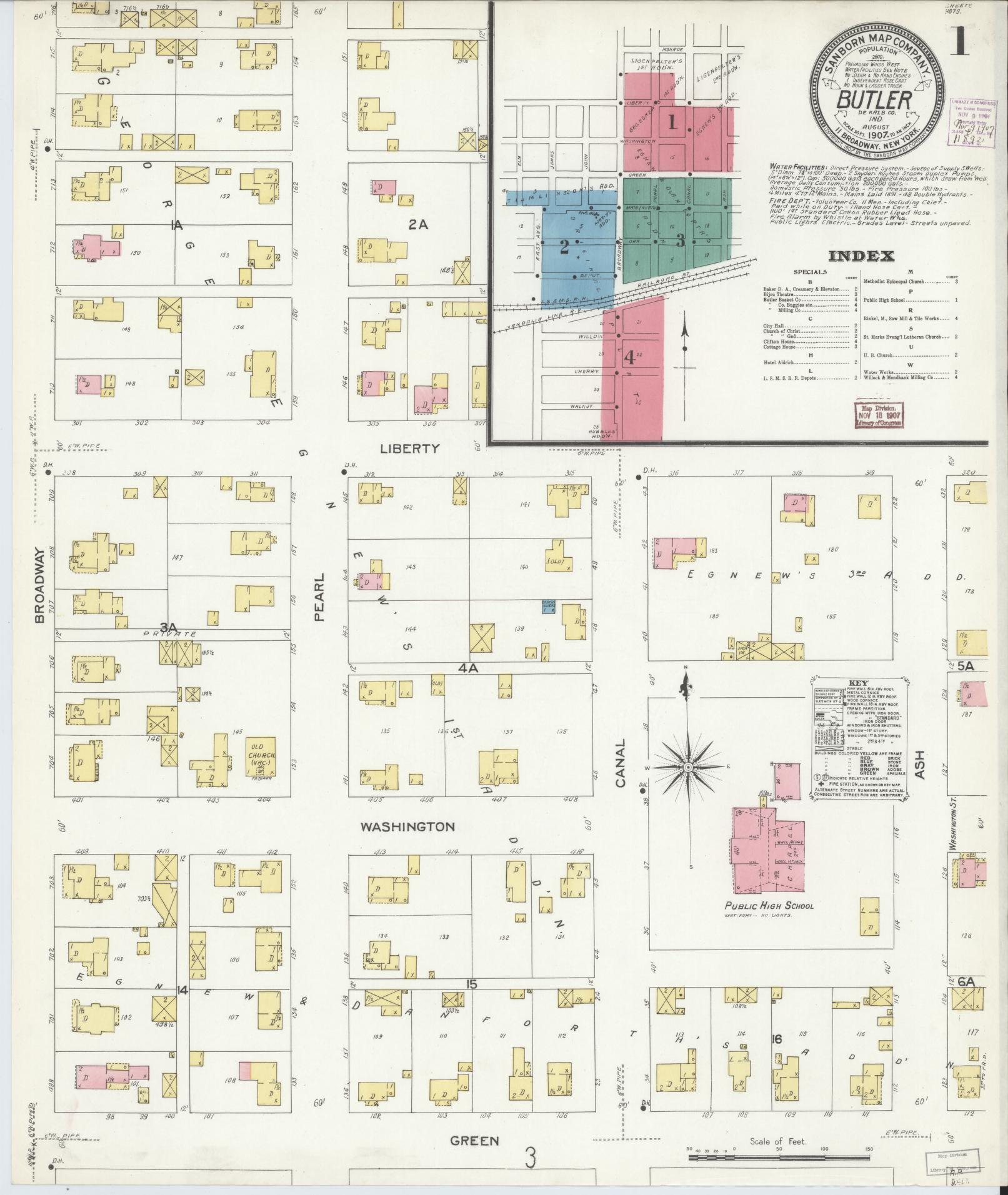 Sanborn Fire Insurance Map from Butler, De Kalb County, Indiana (1907), Sheet #0001 - Complete Map Set gallery image, historic Sanborn map, vintage wall art, Indiana Indiana
