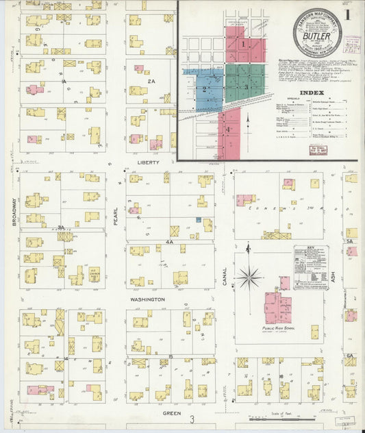 Sanborn Fire Insurance Map from Butler, De Kalb County, Indiana (1907), Sheet #0001 - Complete Map Set gallery image, historic Sanborn map, vintage wall art, Indiana Indiana