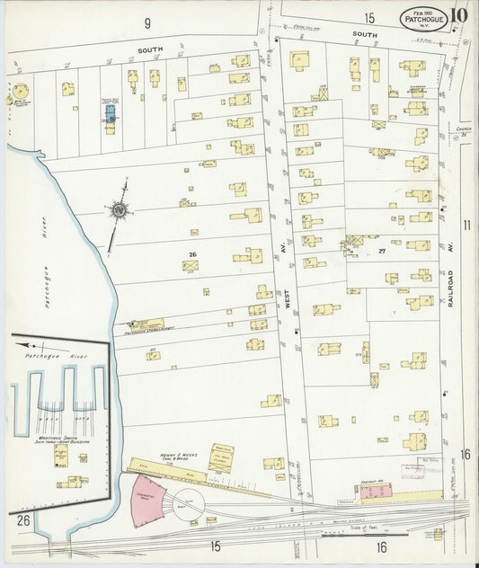 Sanborn Fire Insurance Map from Patchogue, Suffolk County, New York (1910), Sheet #0010 - Historic Sanborn Fire Insurance Map Print, vintage old map wall art, antique decor, genealogy gift, New York New York map