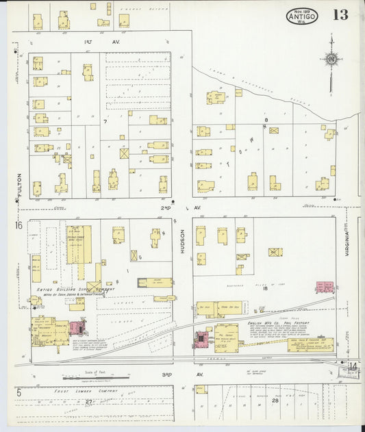 Sanborn Fire Insurance Map from Antigo, Langlade County, Wisconsin (1919), Sheet #0013 - Historic Sanborn Fire Insurance Map Print, vintage old map wall art, antique decor, genealogy gift, Wisconsin Wisconsin map