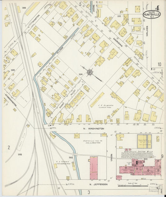 Sanborn Fire Insurance Map from Huntsville, Madison County, Alabama (1913), Sheet #0004 - Historic Sanborn Fire Insurance Map Print, vintage old map wall art, antique decor, genealogy gift, Alabama Alabama map
