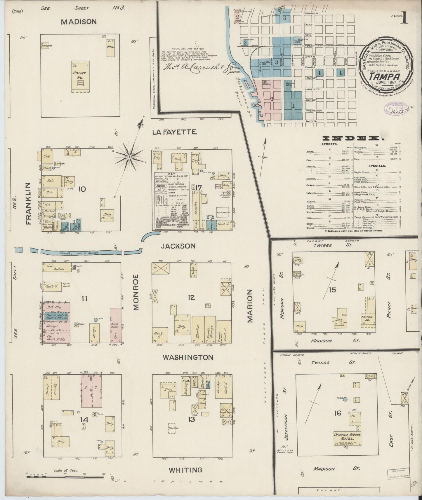Sanborn Fire Insurance Map from Tampa, Hillsborough County, Florida (1887), Sheet #0001 - Complete Map Set gallery image, historic Sanborn map, vintage wall art, Florida Florida