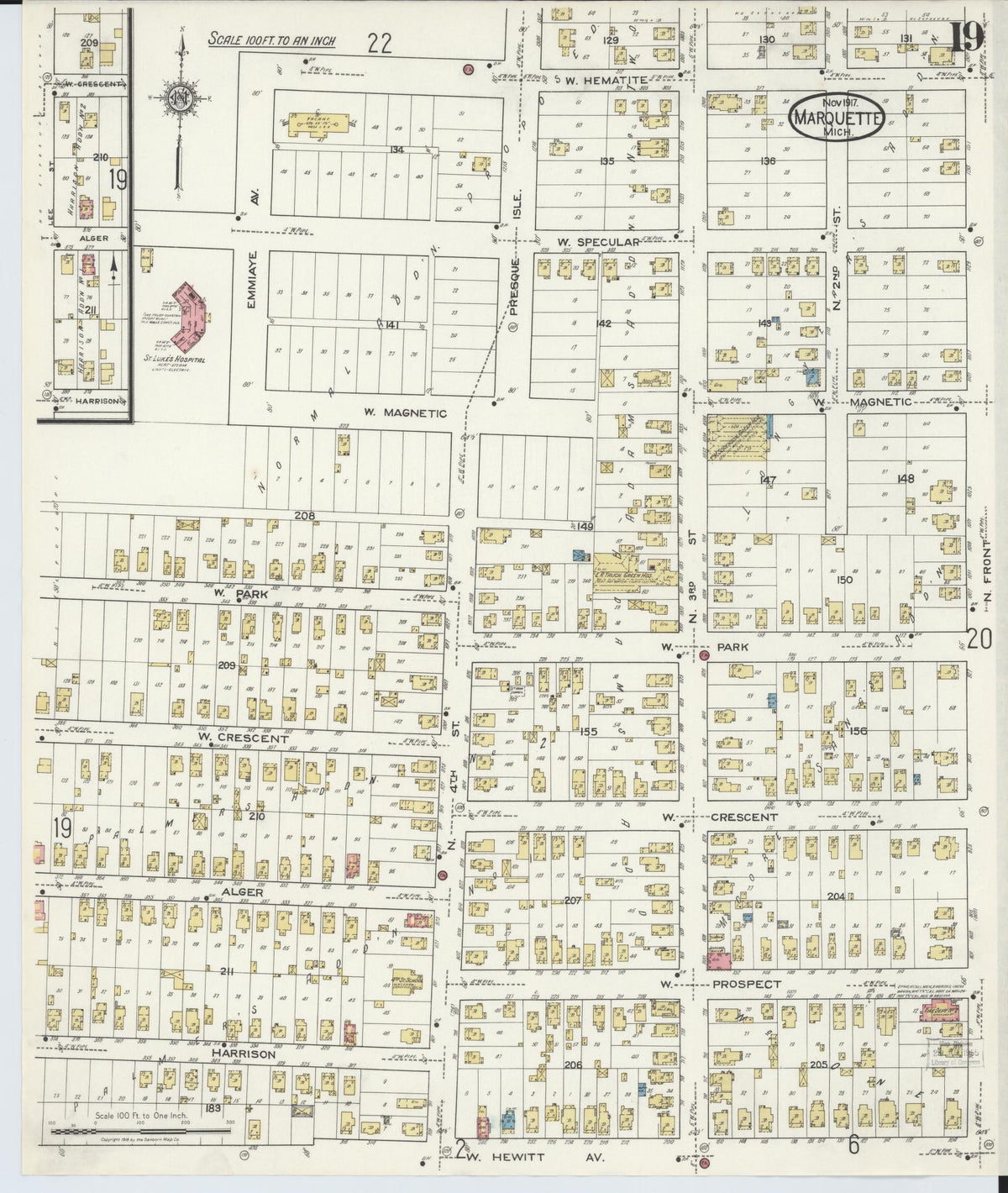 Sanborn Fire Insurance Map from Marquette, Marquette County, Michigan (1917), Sheet #0019 - Historic Sanborn Fire Insurance Map Print, vintage old map wall art, antique decor, genealogy gift, Michigan Michigan map