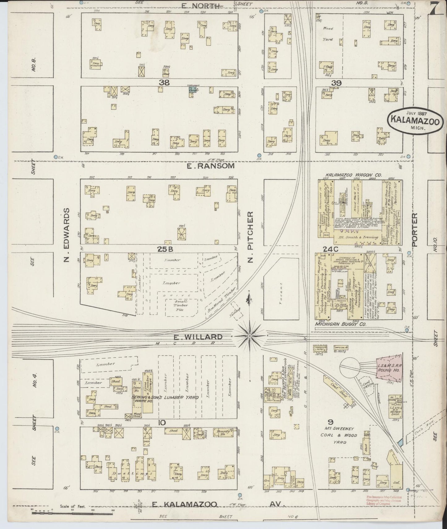 Sanborn Fire Insurance Map from Kalamazoo, Kalamazoo County, Michigan (1887), Sheet #0007 - Complete Map Set gallery image, historic Sanborn map, vintage wall art, Michigan Michigan