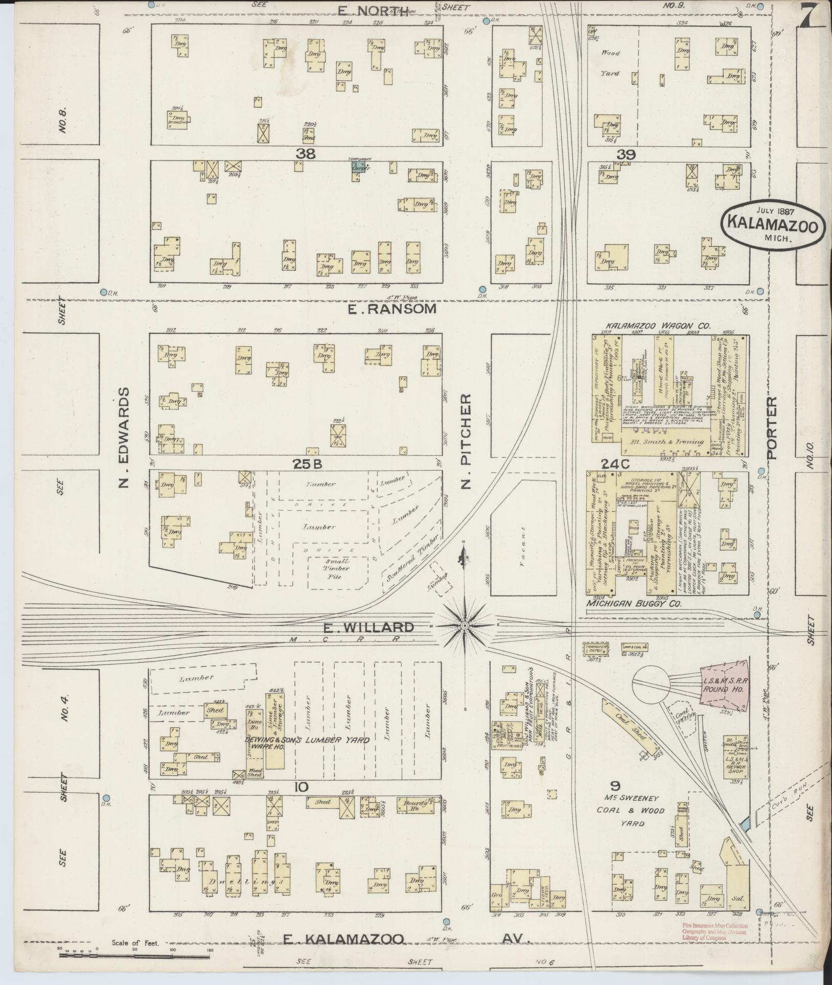 Sanborn Fire Insurance Map from Kalamazoo, Kalamazoo County, Michigan (1887), Sheet #0007 - Complete Map Set gallery image, historic Sanborn map, vintage wall art, Michigan Michigan
