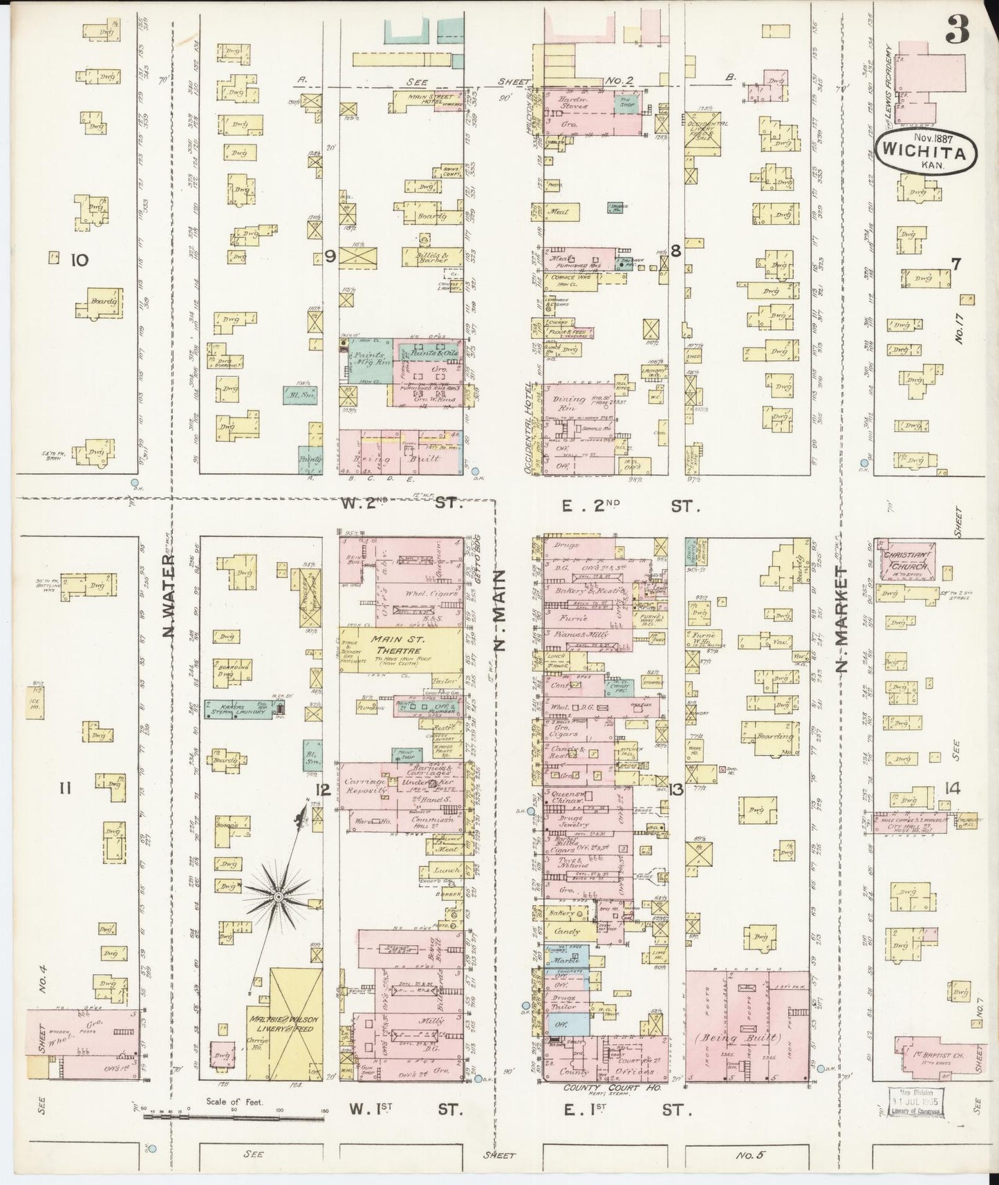 Sanborn Fire Insurance Map from Wichita, Sedgwick County, Kansas (1887), Sheet #0003 - Historic Sanborn Fire Insurance Map Print, vintage old map wall art, antique decor, genealogy gift, Kansas Kansas map