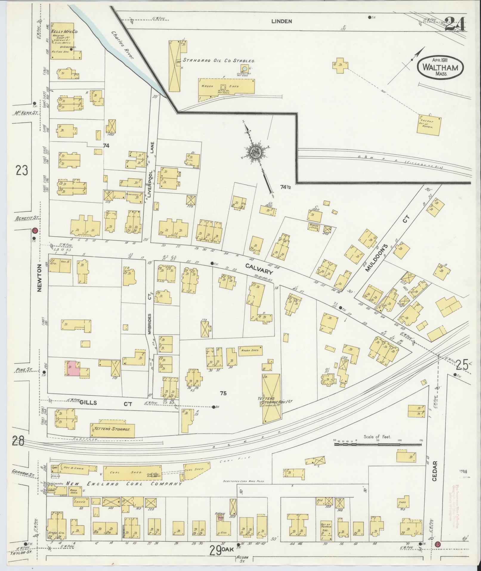 Sanborn Fire Insurance Map from Waltham, Middlesex County, Massachusetts (1911), Sheet #0024 - Historic Sanborn Fire Insurance Map Print, vintage old map wall art, antique decor, genealogy gift, Massachusetts Massachusetts map